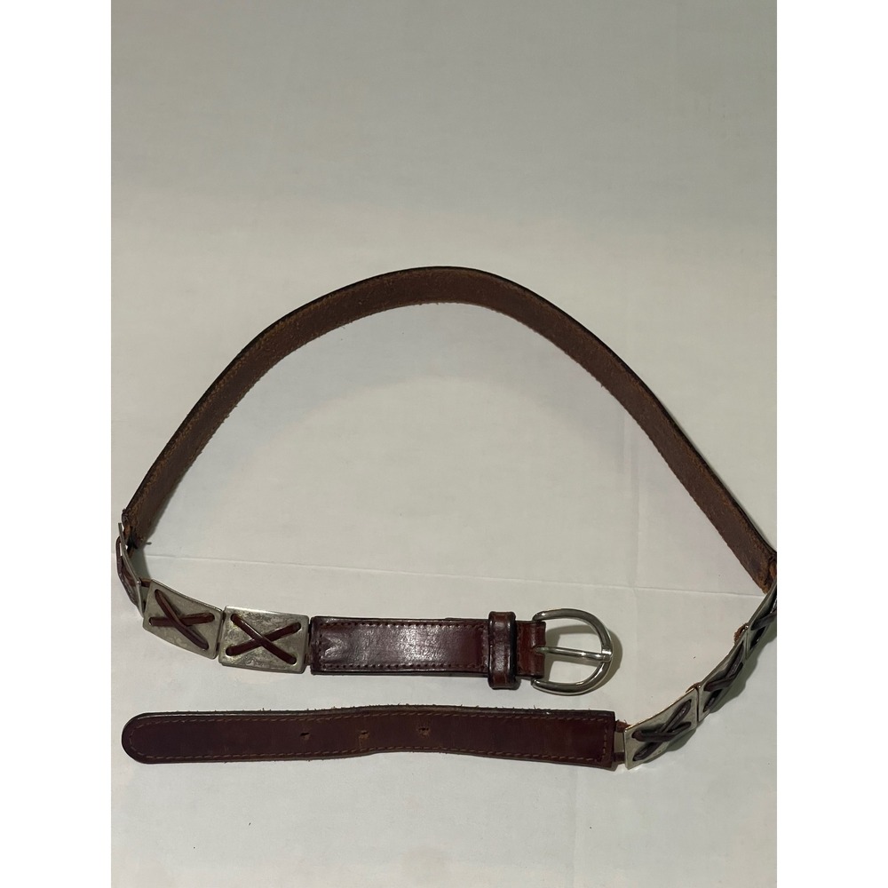 Genuine Leather‎ Belt Women's  XL 36" Brown Silver Metal X-Stitch Western Boho